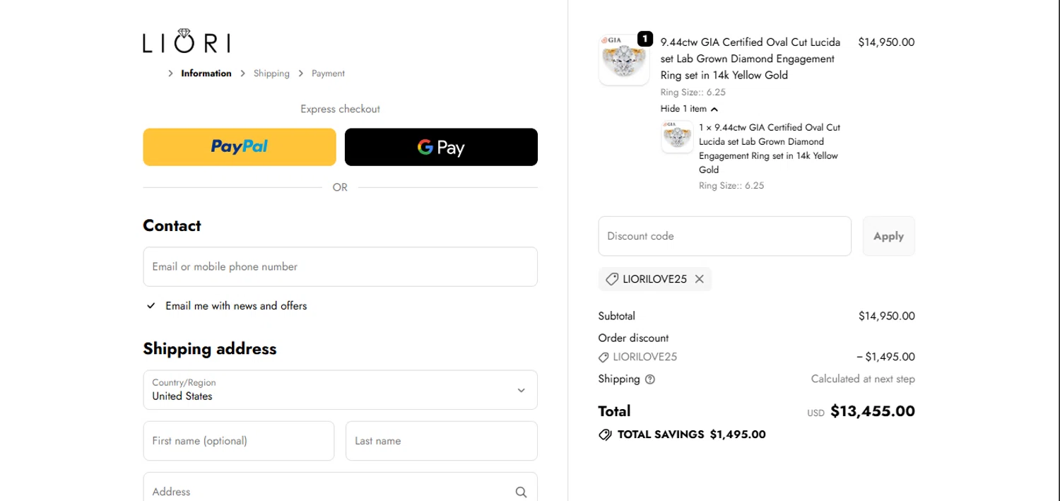 Liori Diamonds discount code screenshot showing code LioriLove25 applied at Liori Diamonds checkout page. Uploaded by SimplyCodes community member juanisaac on Dec 24, 2025