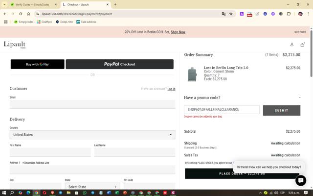 Lipault checkout page showing Lipault promo code box | Screenshot taken by SimplyCodes community member on Jul 13, 2025