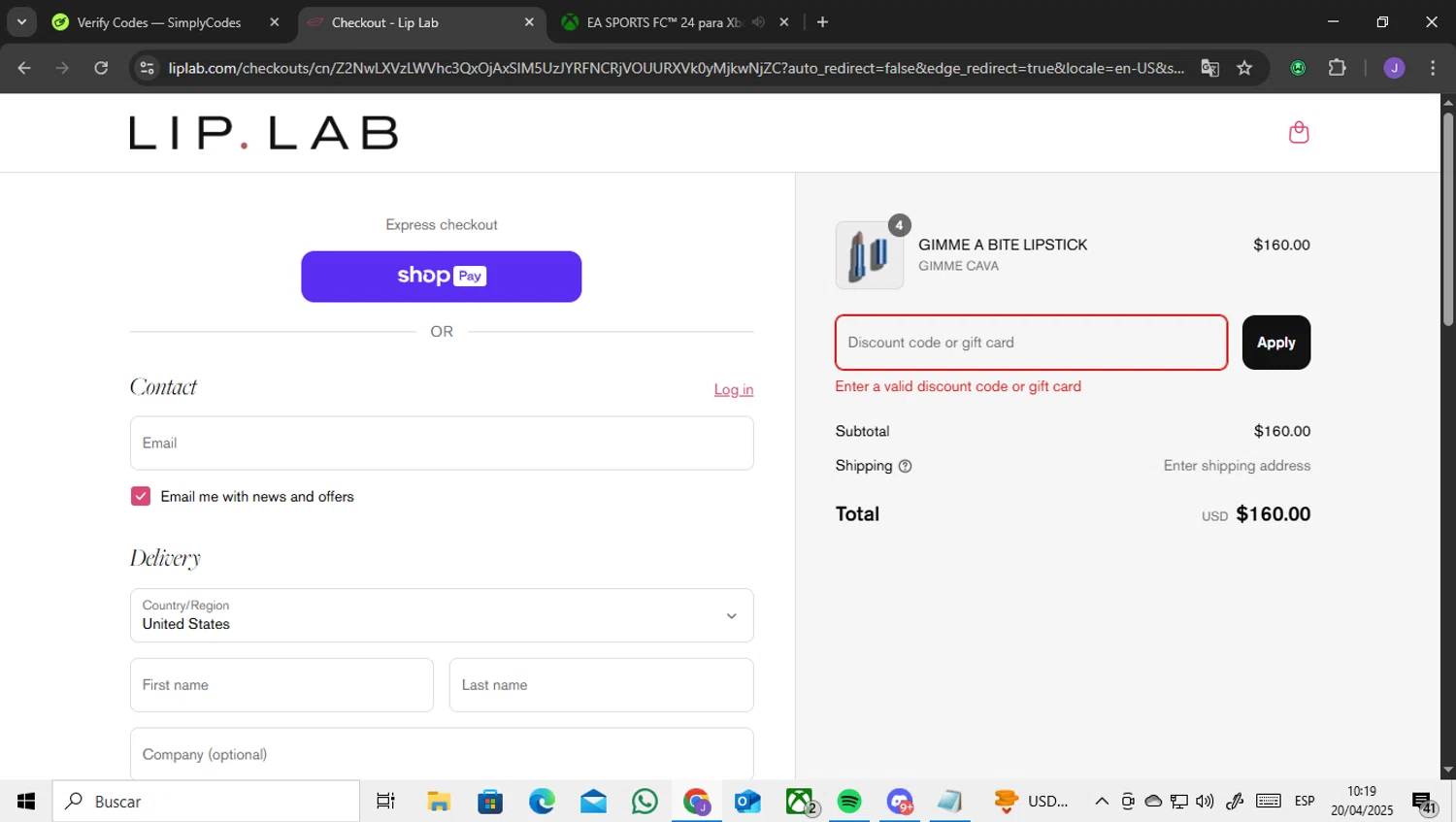Lip Lab promo code screenshot showing code MON-THU20 applied at Lip Lab checkout page. Uploaded by SimplyCodes community member ENCARAMESSI on Apr 20, 2025