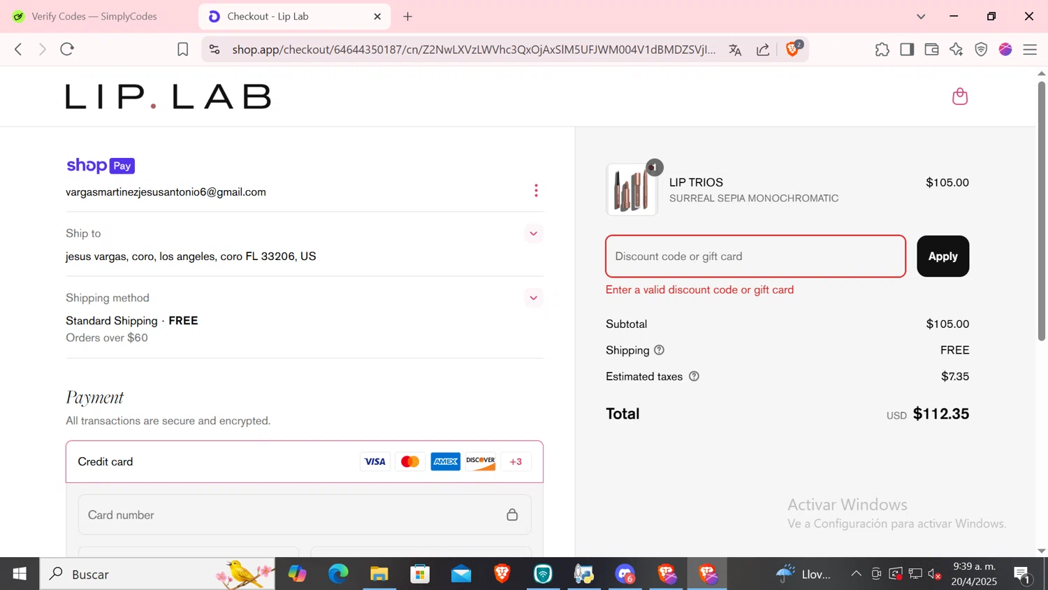 Lip Lab promo code screenshot showing code MON-THU20 applied at Lip Lab checkout page. Uploaded by SimplyCodes community member CODMOBILE2 on Apr 20, 2025