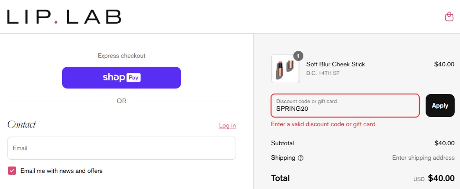 Lip Lab promo code screenshot showing code SPRING20 applied at Lip Lab checkout page. Uploaded by SimplyCodes community member GloriousCollector9521 on Aug 1, 2025