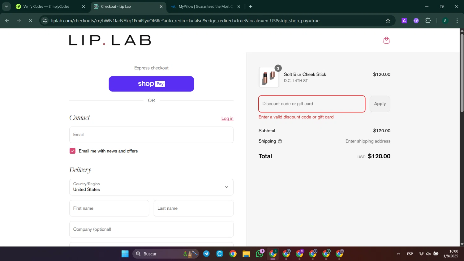 Lip Lab promo code screenshot showing code SPRING20 applied at Lip Lab checkout page. Uploaded by SimplyCodes community member SaleHunter9008 on Aug 1, 2025