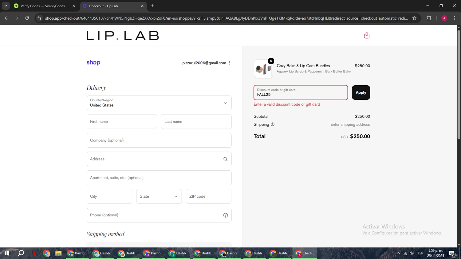 Lip Lab promo code screenshot showing code FALL25 applied at Lip Lab checkout page. Uploaded by SimplyCodes community member BMWGS1200 on Nov 25, 2025