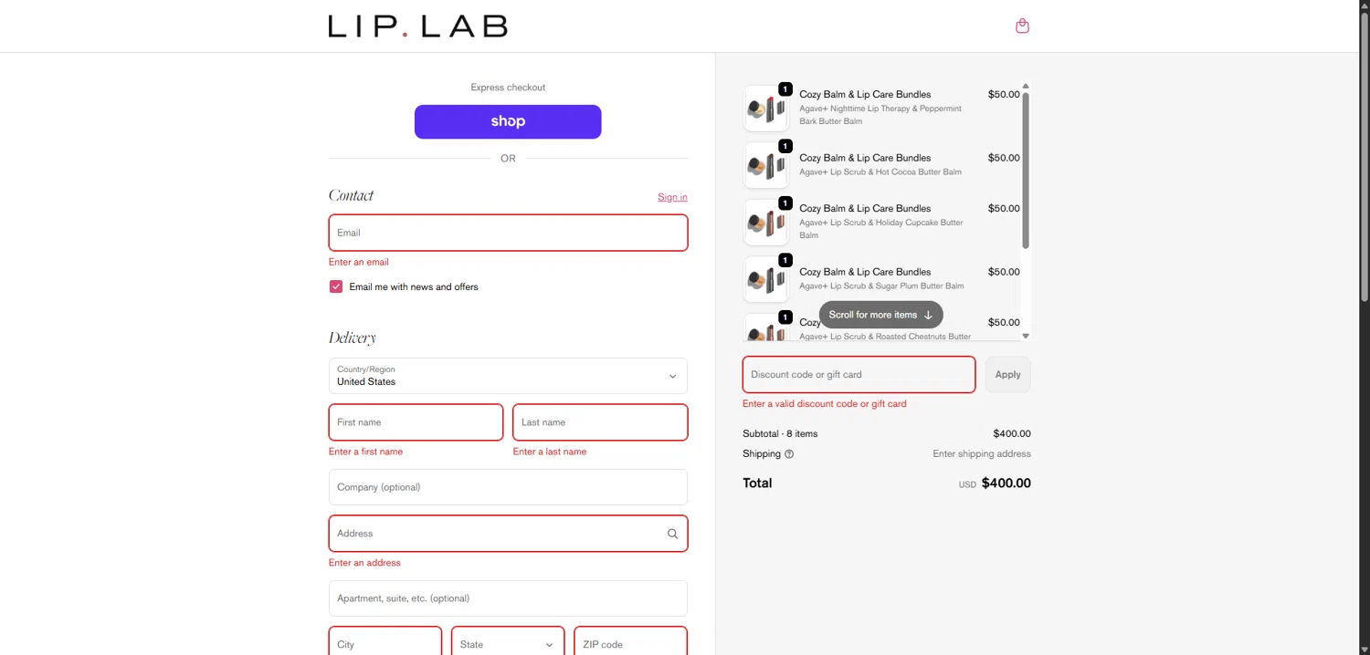 Lip Lab promo code screenshot showing code FALL25 applied at Lip Lab checkout page. Uploaded by SimplyCodes community member EpicGuardian2592 on Nov 25, 2025