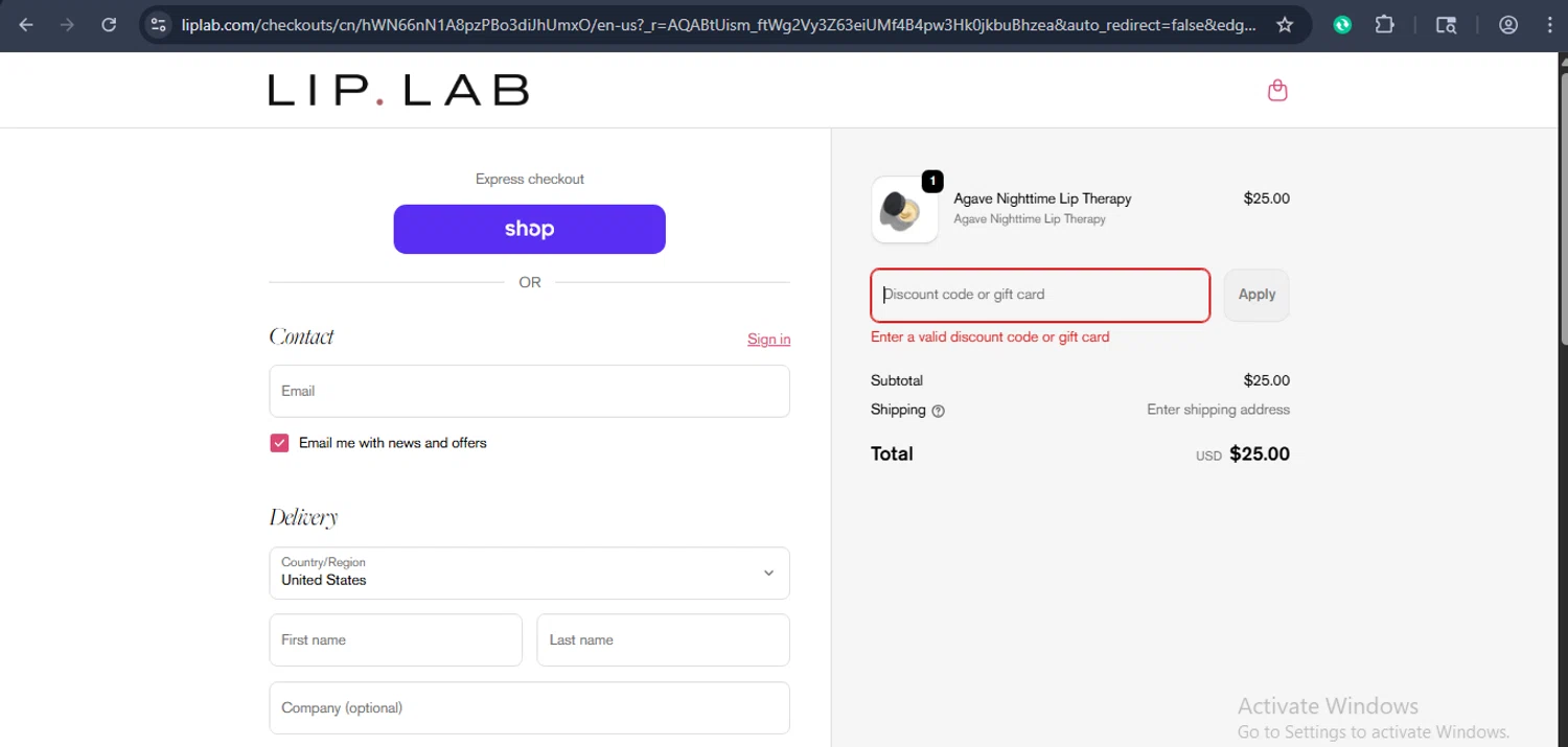 Lip Lab promo code screenshot showing code BLACKFRIDAY25 applied at Lip Lab checkout page. Uploaded by SimplyCodes community member xaswqe on Dec 6, 2025