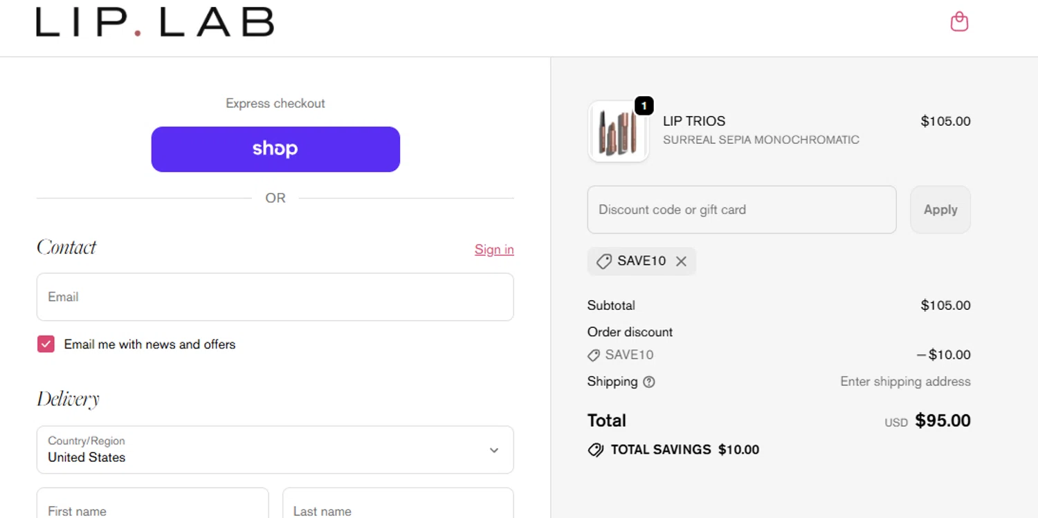 Lip Lab promo code screenshot showing code SAVE10 applied at Lip Lab checkout page. Uploaded by SimplyCodes community member eithanmilas on Oct 6, 2025