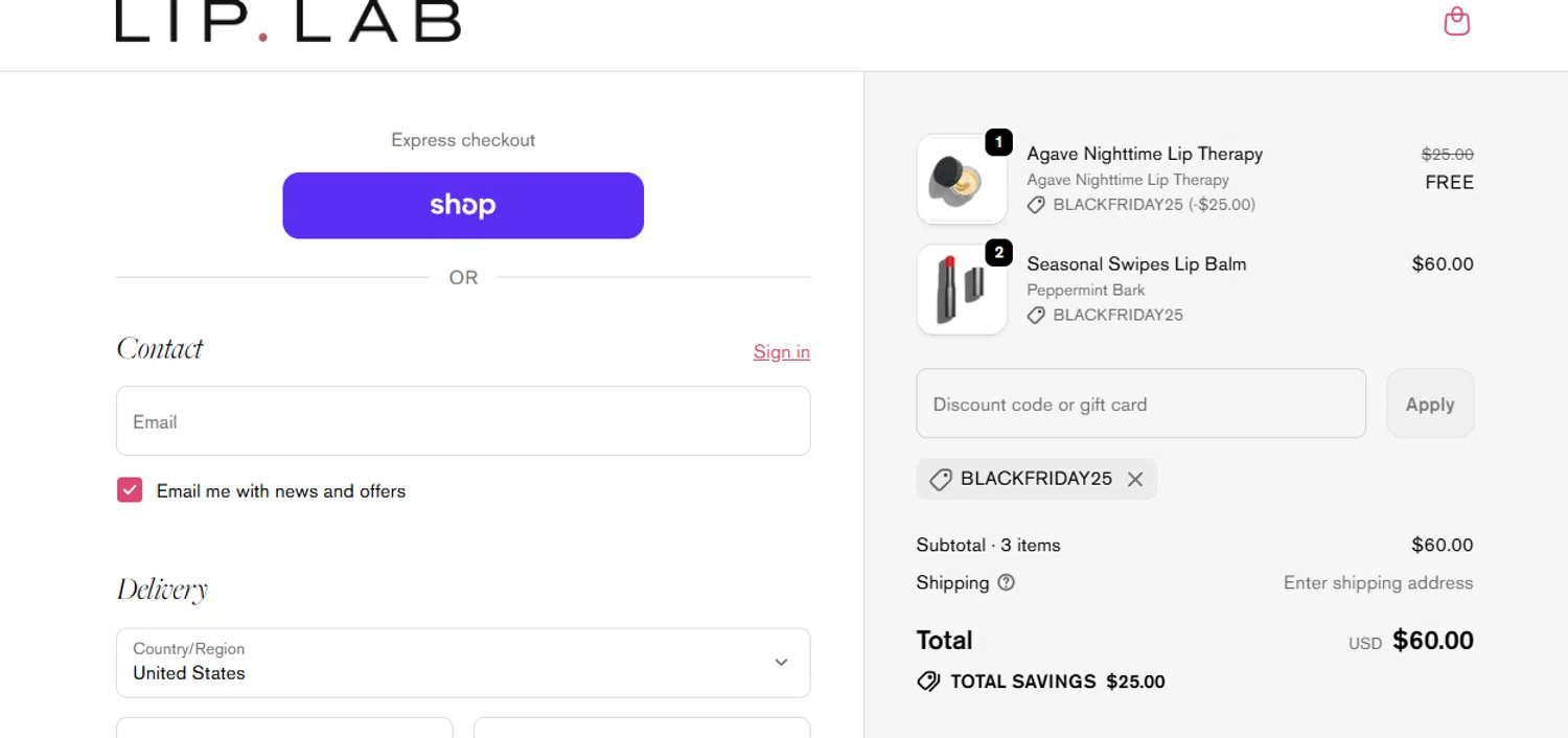 Lip Lab promo code screenshot showing code BLACKFRIDAY25 applied at Lip Lab checkout page. Uploaded by SimplyCodes community member jesspea on Nov 29, 2025