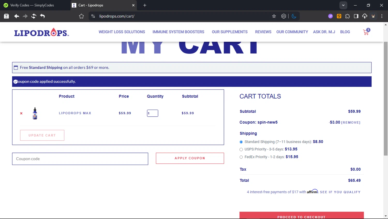 Lipodrops checkout page showing Lipodrops coupon code box | Screenshot taken by SimplyCodes community member on Jan 4, 2026