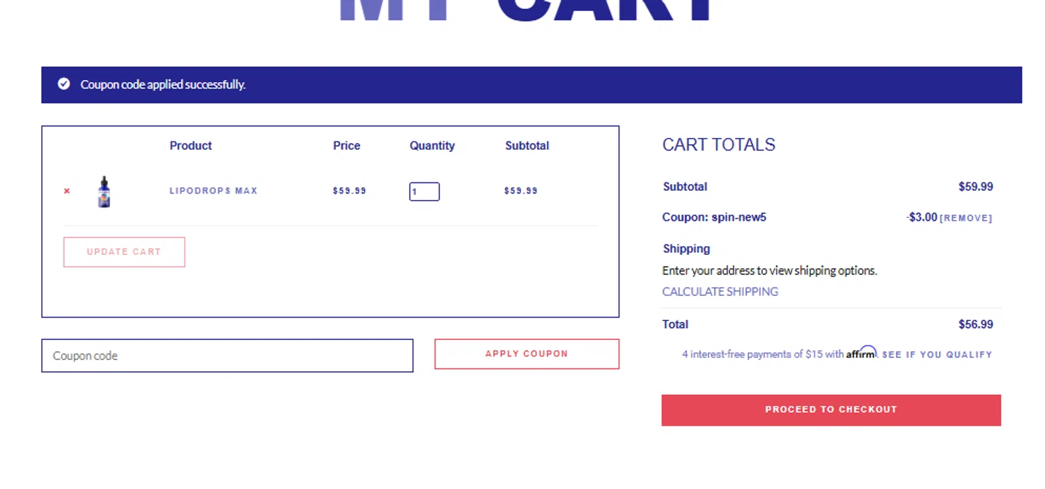 Lipodrops coupon code screenshot showing code SPIN-NEW5 applied at Lipodrops checkout page. Uploaded by SimplyCodes community member CouponLion324 on Oct 8, 2025