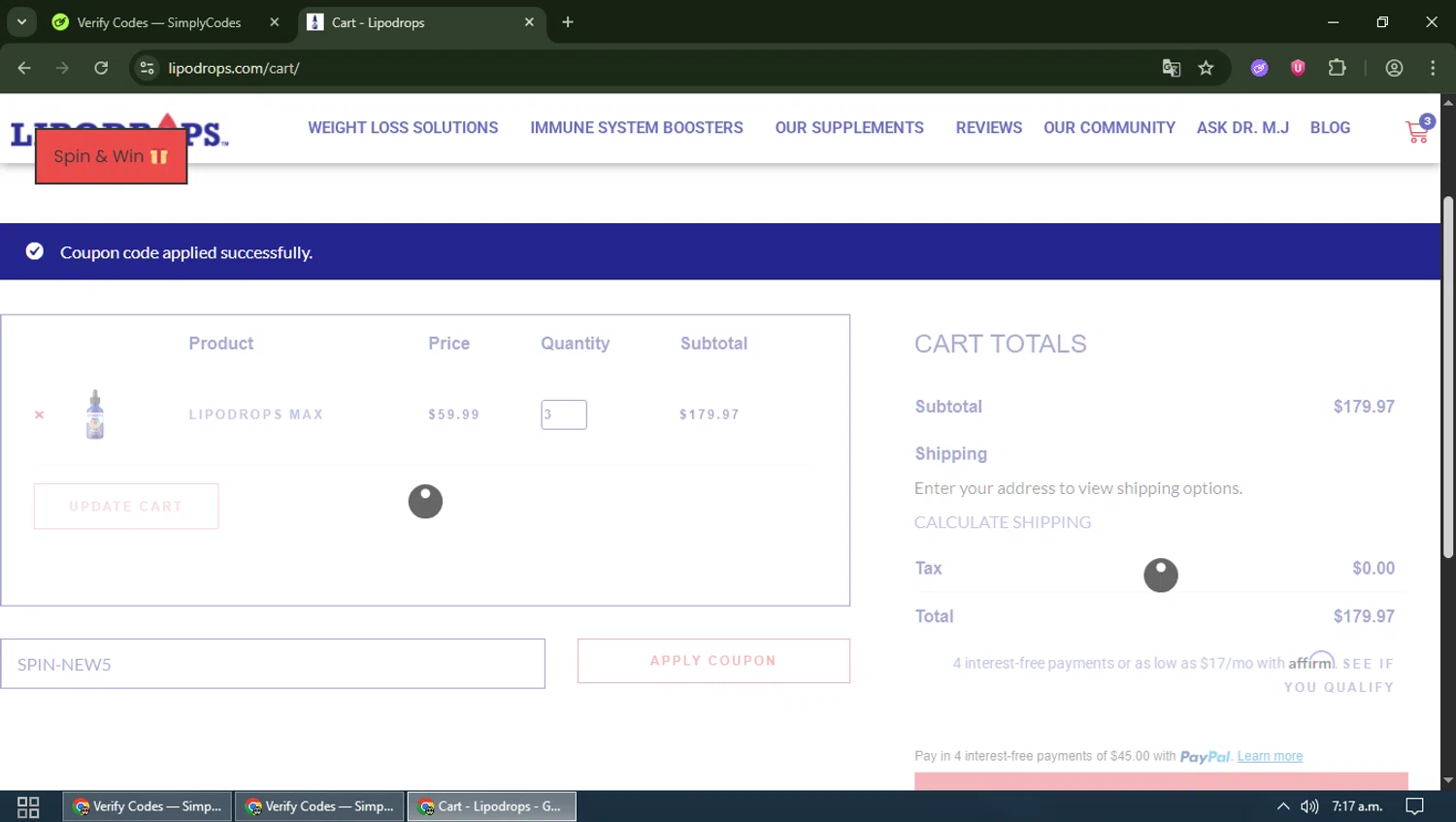 Lipodrops coupon code screenshot showing code SPIN-NEW5 applied at Lipodrops checkout page. Uploaded by SimplyCodes community member MagnificentWizard8353 on Nov 7, 2025