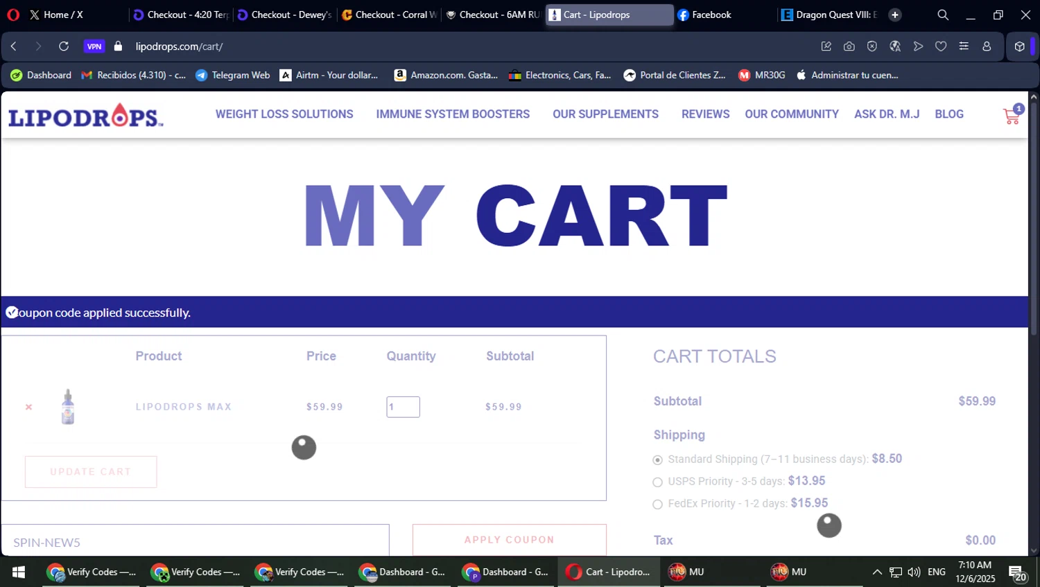 Lipodrops coupon code screenshot showing code SPIN-NEW5 applied at Lipodrops checkout page. Uploaded by SimplyCodes community member Typhlosion on Dec 6, 2025