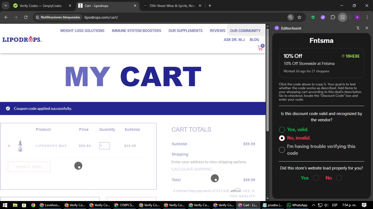 Lipodrops coupon code screenshot showing code DROPS-MAX15 applied at Lipodrops checkout page. Uploaded by SimplyCodes community member CoinElite8997 on Oct 8, 2025