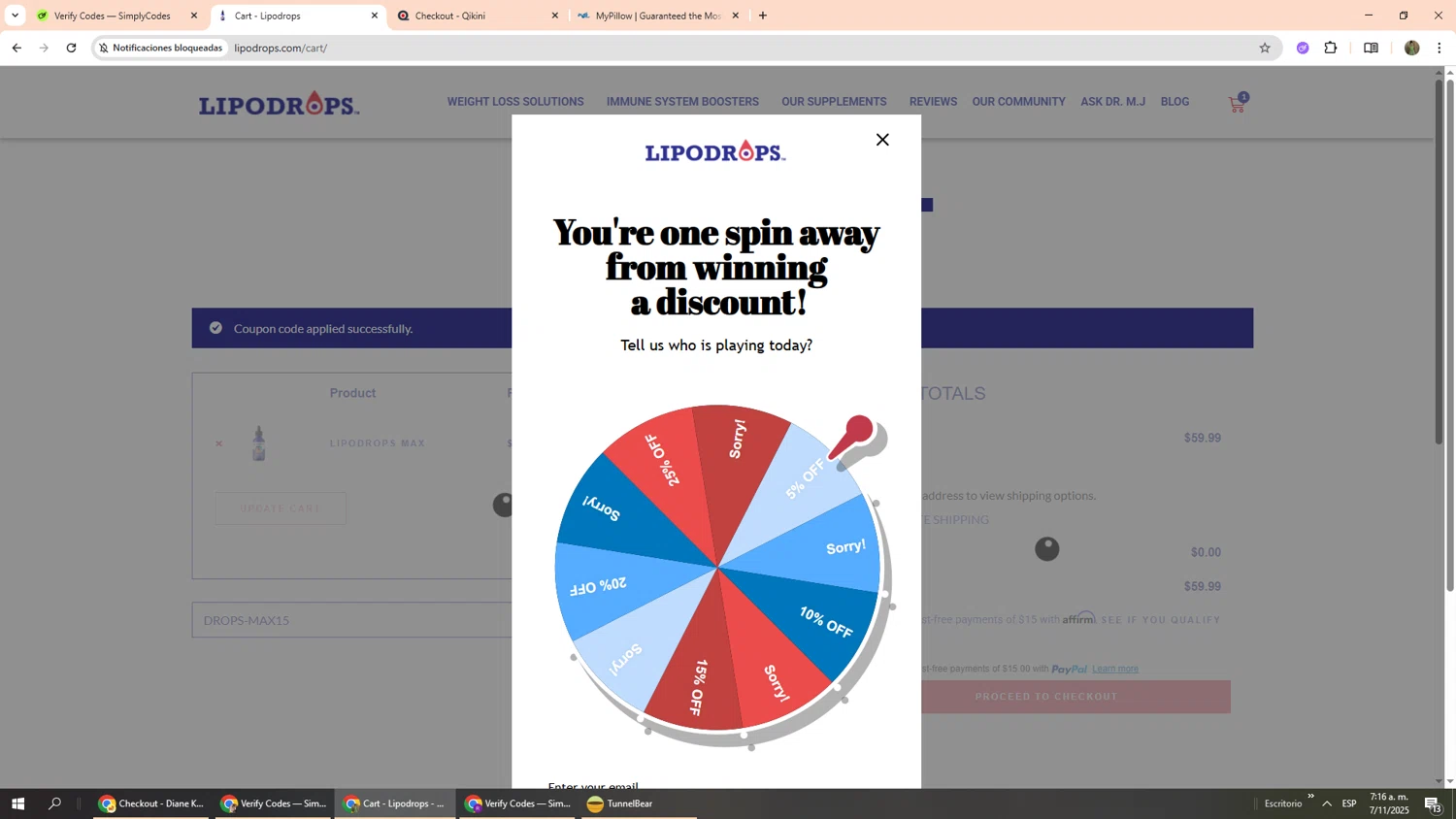 Lipodrops coupon code screenshot showing code DROPS-MAX15 applied at Lipodrops checkout page. Uploaded by SimplyCodes community member Phoenix585 on Nov 7, 2025