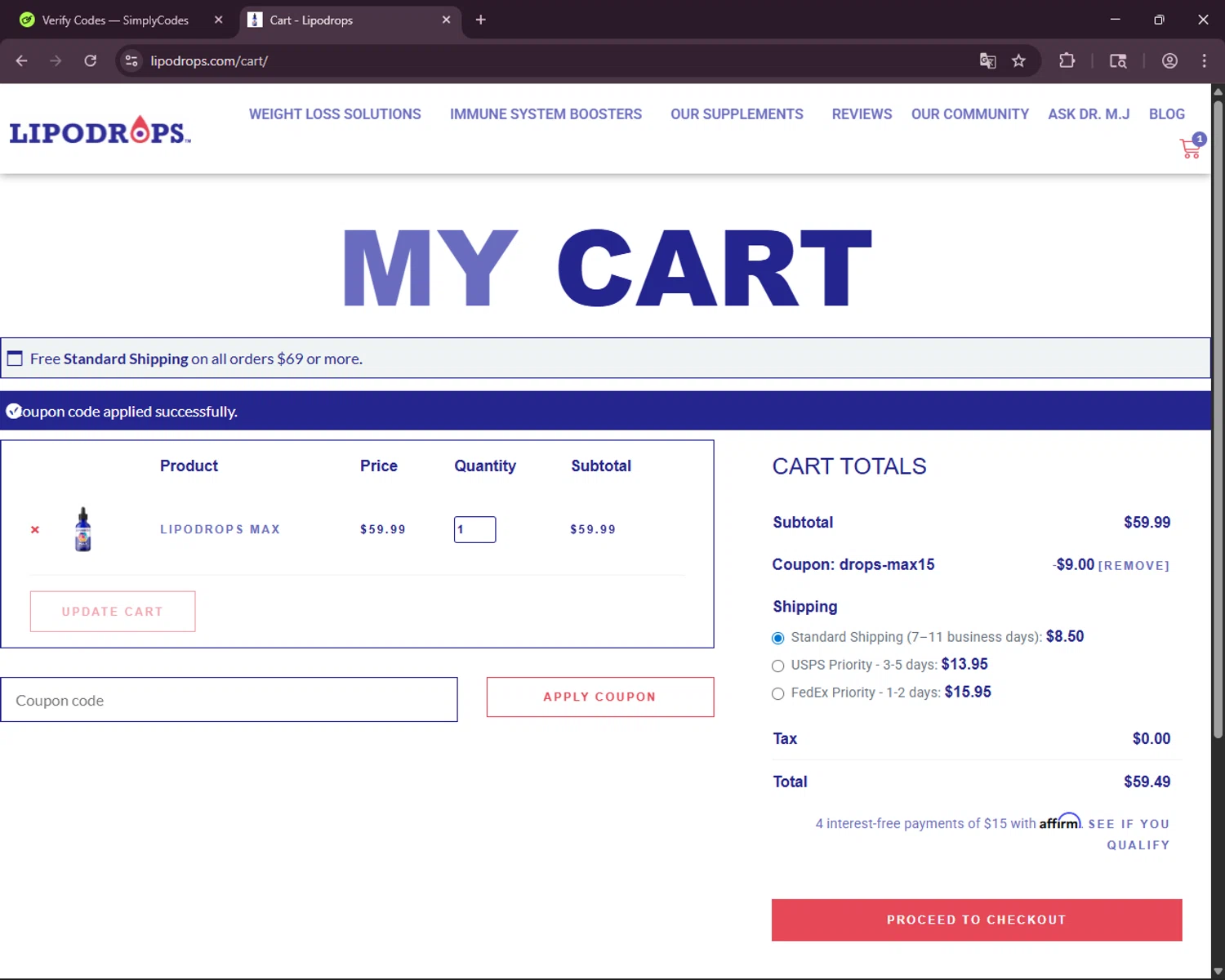Lipodrops checkout page showing Lipodrops coupon code box | Screenshot taken by SimplyCodes community member on Jan 4, 2026