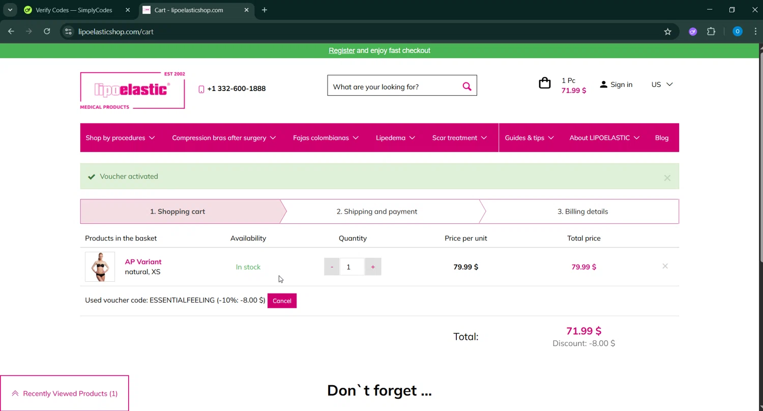LIPOELASTIC discount code screenshot showing code ESSENTIALFEELING applied at LIPOELASTIC checkout page. Uploaded by SimplyCodes community member _____________ on May 12, 2025
