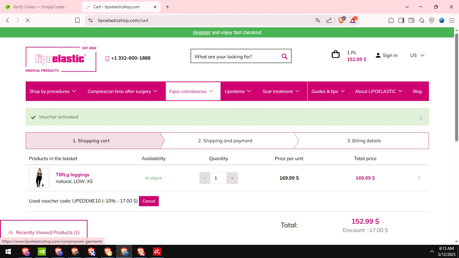 LIPOELASTIC discount code screenshot showing code LIPEDEME10 applied at LIPOELASTIC checkout page. Uploaded by SimplyCodes community member fabianmartinez on May 12, 2025