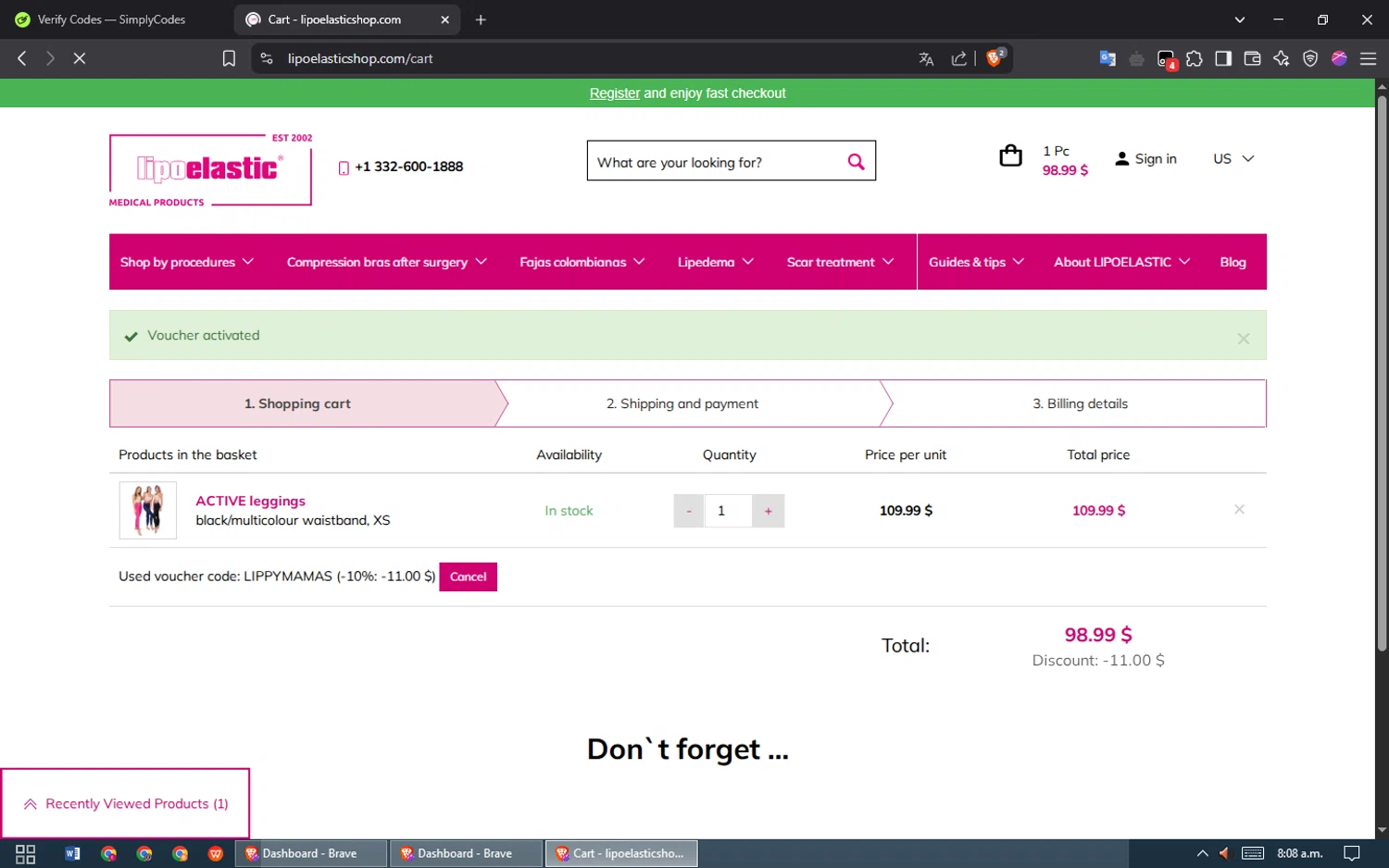 LIPOELASTIC discount code screenshot showing code LIPPYMAMAS applied at LIPOELASTIC checkout page. Uploaded by SimplyCodes community member ThriftyScout4426 on Apr 7, 2025