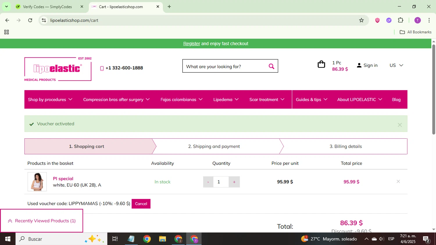 LIPOELASTIC discount code screenshot showing code LIPPYMAMAS applied at LIPOELASTIC checkout page. Uploaded by SimplyCodes community member ThriftyCurator4085 on Jun 4, 2025