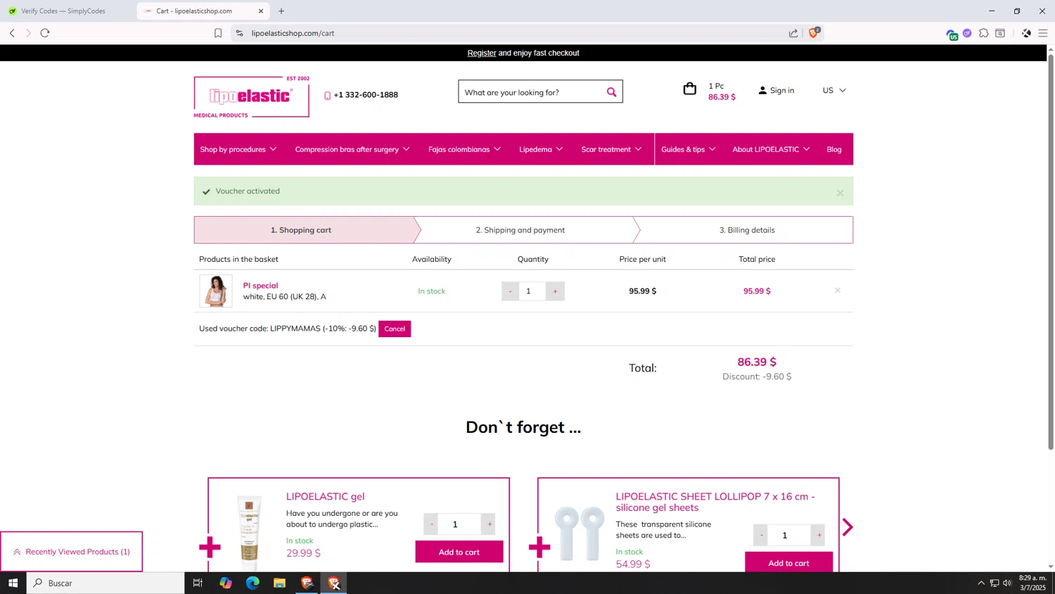 LIPOELASTIC discount code screenshot showing code LIPPYMAMAS applied at LIPOELASTIC checkout page. Uploaded by SimplyCodes community member VictoriousDefender7352 on Jul 3, 2025