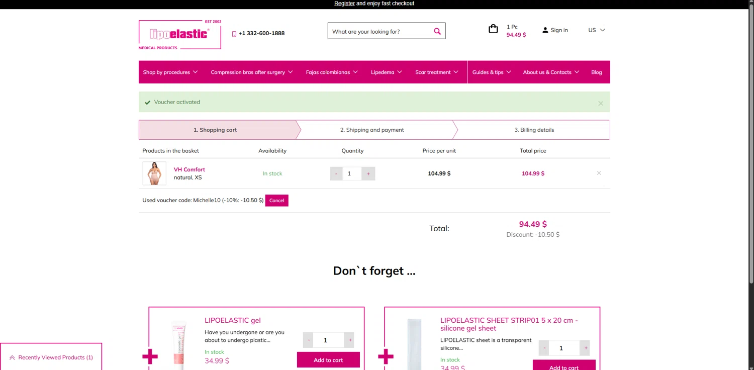 LIPOELASTIC discount code screenshot showing code MICHELLE10 applied at LIPOELASTIC checkout page. Uploaded by SimplyCodes community member Carlosramirez09 on Oct 9, 2025