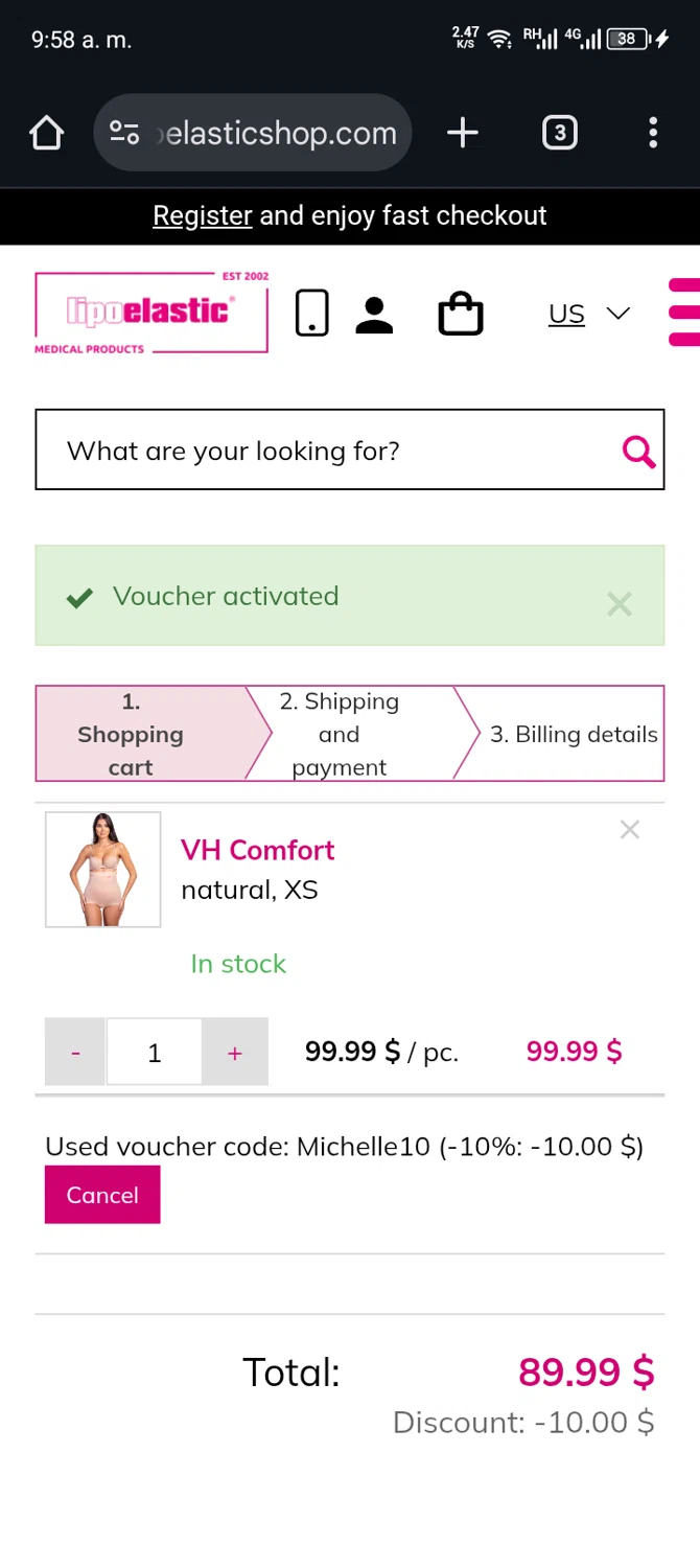 LIPOELASTIC discount code screenshot showing code MICHELLE10 applied at LIPOELASTIC checkout page. Uploaded by SimplyCodes community member ScanShopper554 on Jul 14, 2025