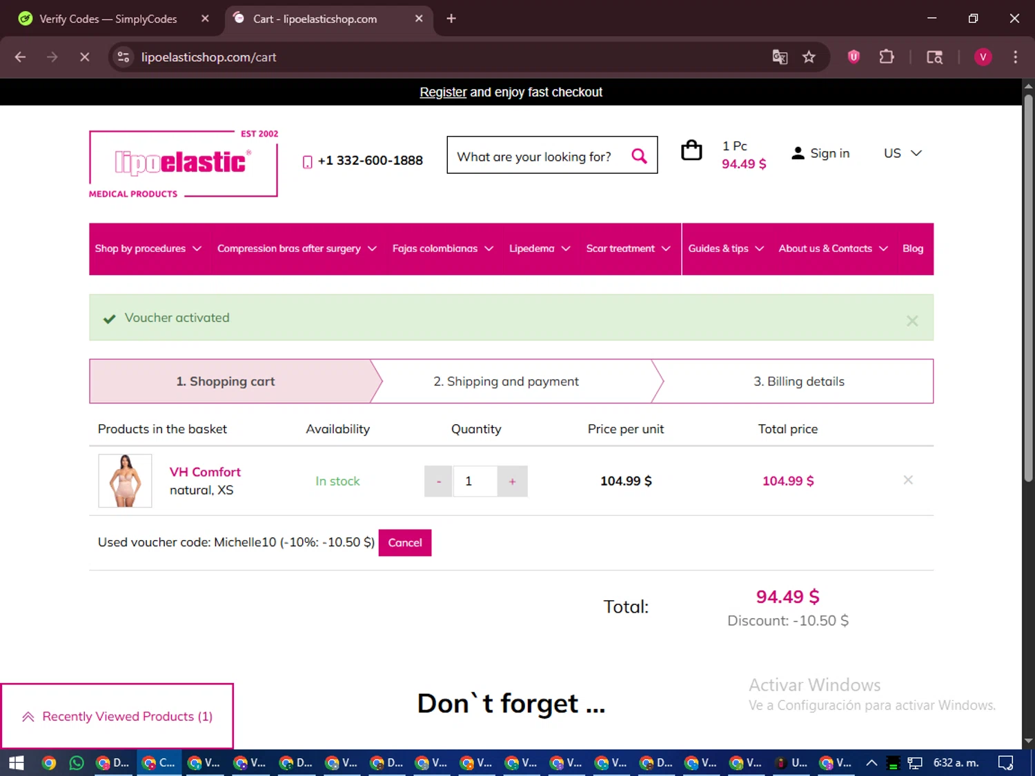 LIPOELASTIC discount code screenshot showing code MICHELLE10 applied at LIPOELASTIC checkout page. Uploaded by SimplyCodes community member ShieldEagle6102 on Nov 7, 2025