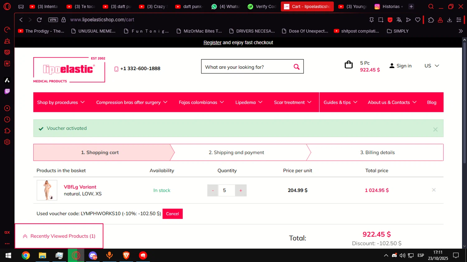 LIPOELASTIC discount code screenshot showing code LYMPHWORKS10 applied at LIPOELASTIC checkout page. Uploaded by SimplyCodes community member Anteserachido on Oct 23, 2025