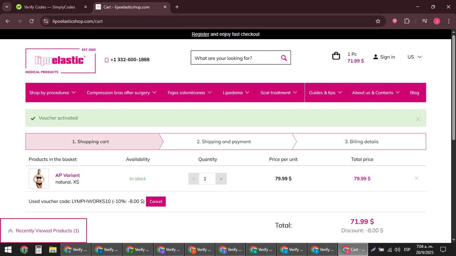 LIPOELASTIC discount code screenshot showing code LYMPHWORKS10 applied at LIPOELASTIC checkout page. Uploaded by SimplyCodes community member JackWilson63 on Sep 20, 2025
