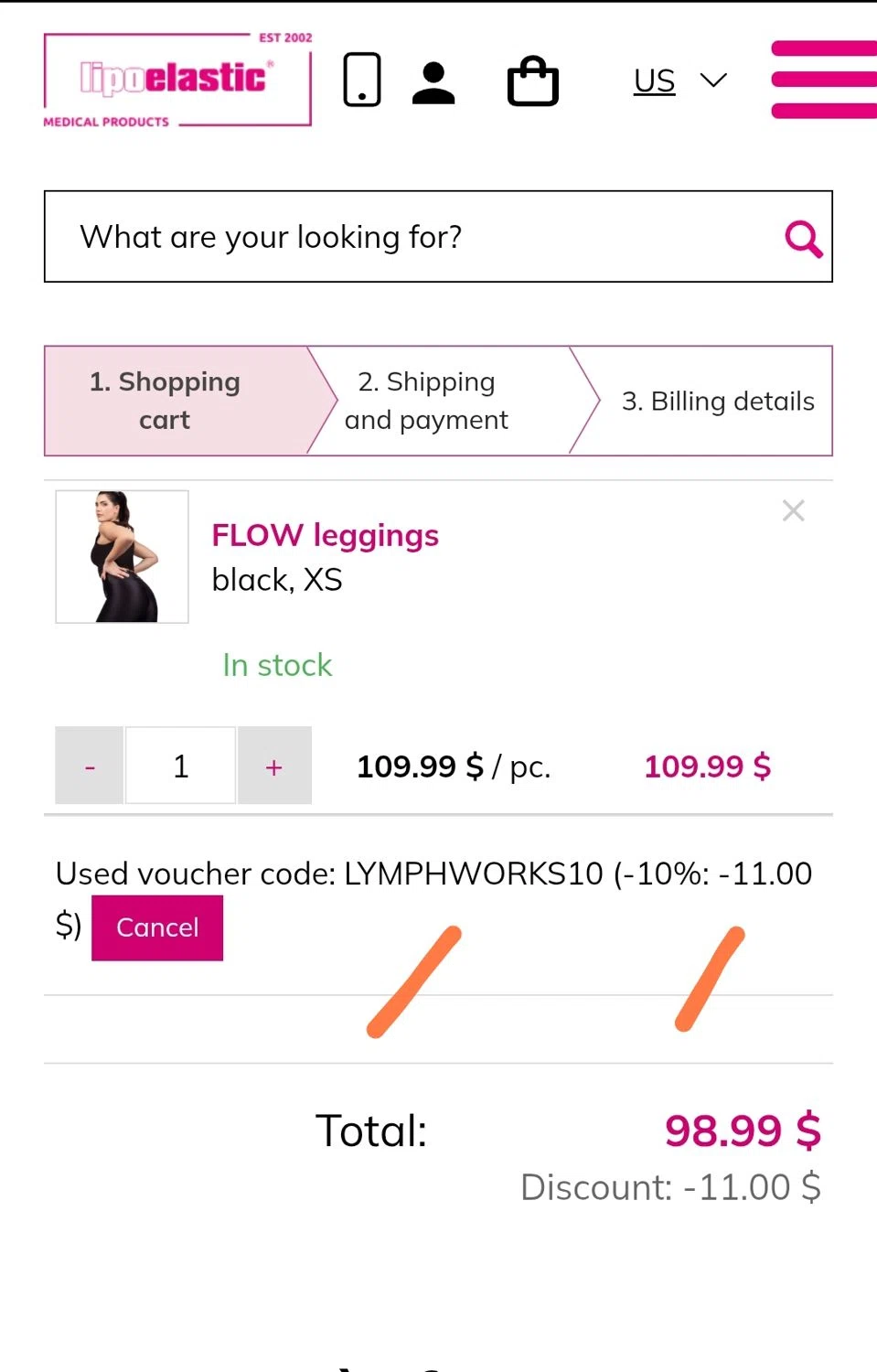 LIPOELASTIC discount code screenshot showing code LYMPHWORKS10 applied at LIPOELASTIC checkout page. Uploaded by SimplyCodes community member JuanMonge on Jul 24, 2025