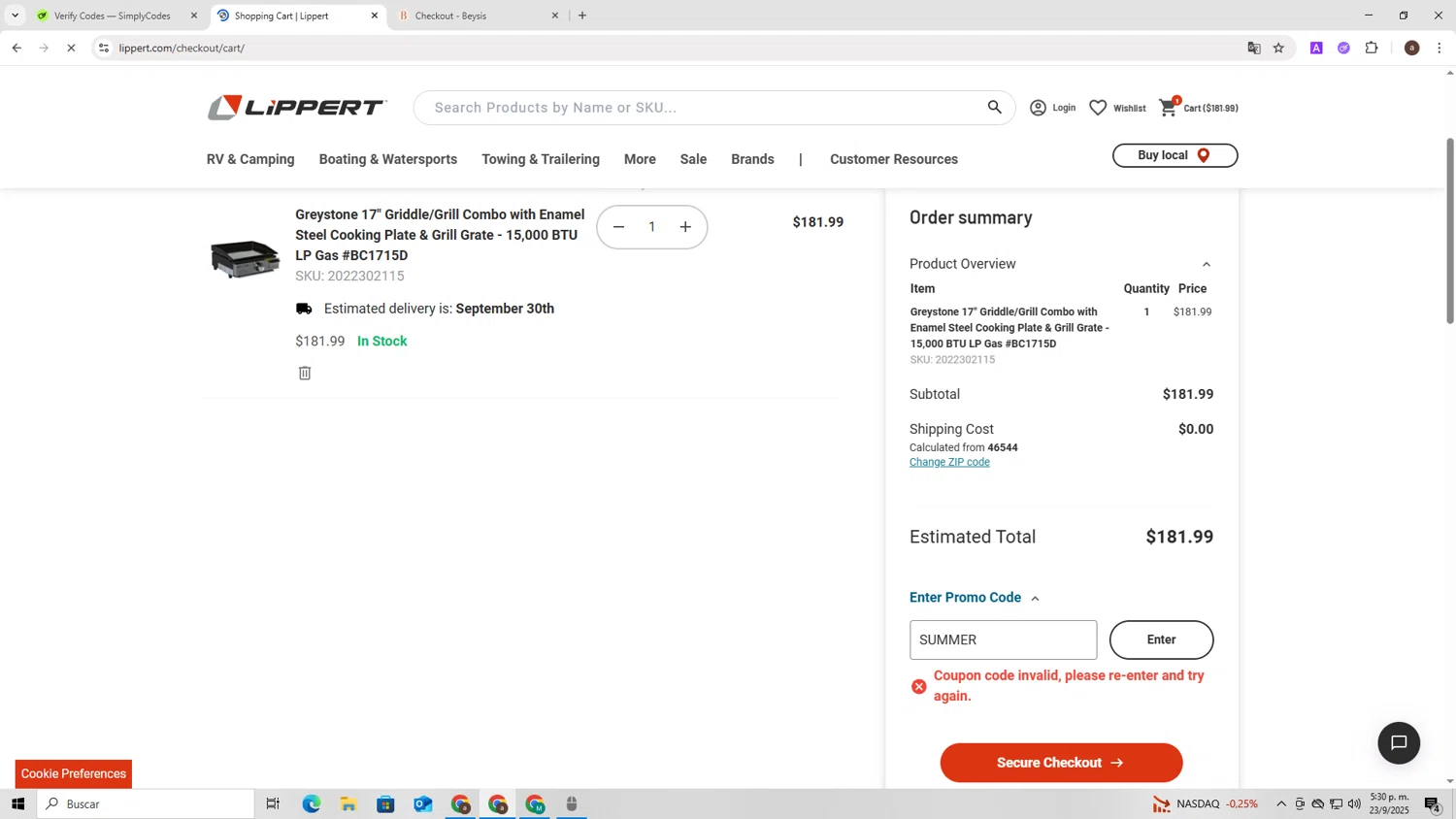 Lippert promo code screenshot showing code SUMMER applied at Lippert checkout page. Uploaded by SimplyCodes community member ShieldAdmiral2781 on Sep 23, 2025