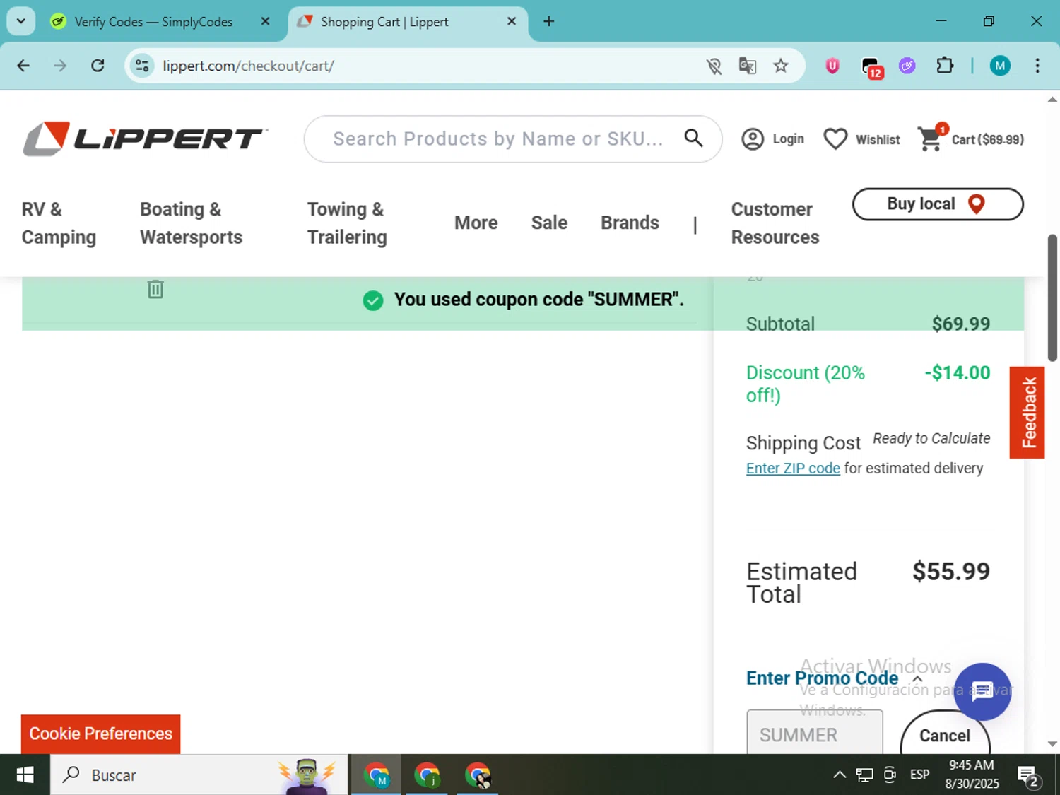 Lippert promo code screenshot showing code SUMMER applied at Lippert checkout page. Uploaded by SimplyCodes community member estrellaveloz on Aug 30, 2025