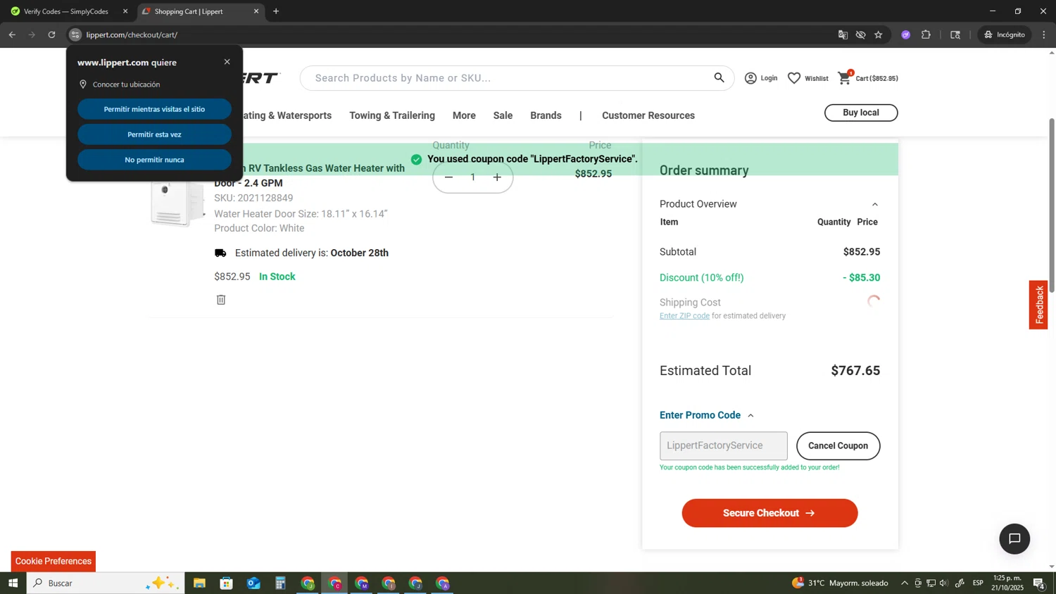 Lippert promo code screenshot showing code LippertFactoryService applied at Lippert checkout page. Uploaded by SimplyCodes community member TOROREX250 on Oct 21, 2025