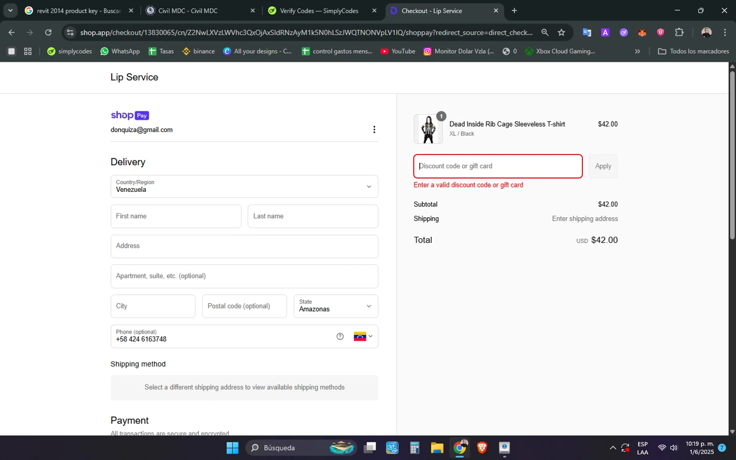 Lip Service discount code screenshot showing code JPEG01 applied at Lip Service checkout page. Uploaded by SimplyCodes community member ScanPhoenix352 on Jun 2, 2025