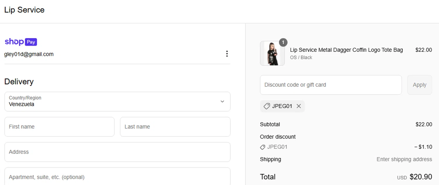 Lip Service checkout page showing Lip Service discount code box | Screenshot taken by SimplyCodes community member on Apr 28, 2025
