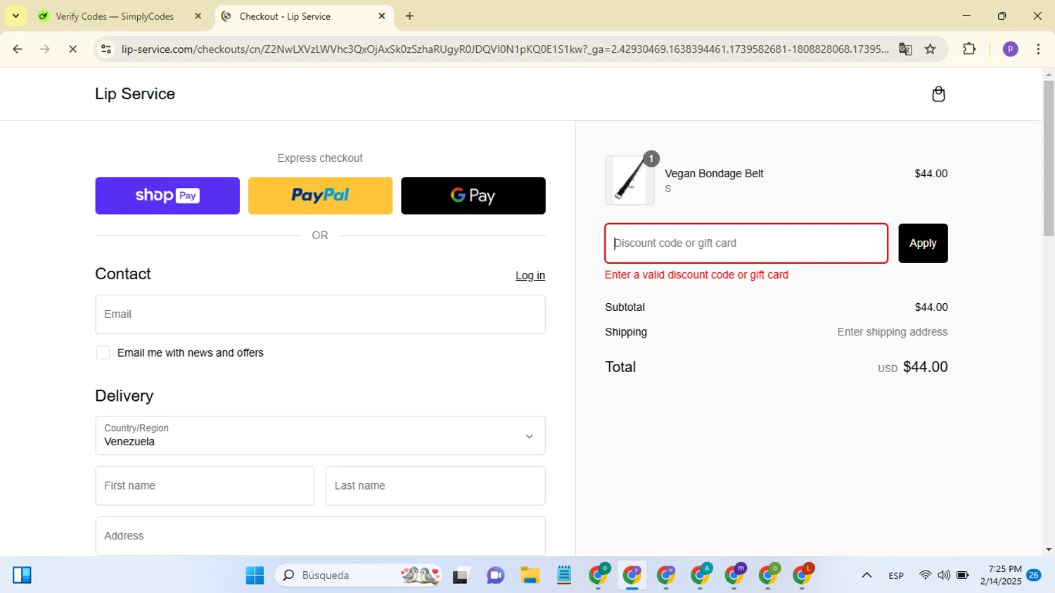Lip Service discount code screenshot showing code LIPPY2025 applied at Lip Service checkout page. Uploaded by SimplyCodes community member MoneyGenius4709 on Feb 15, 2025