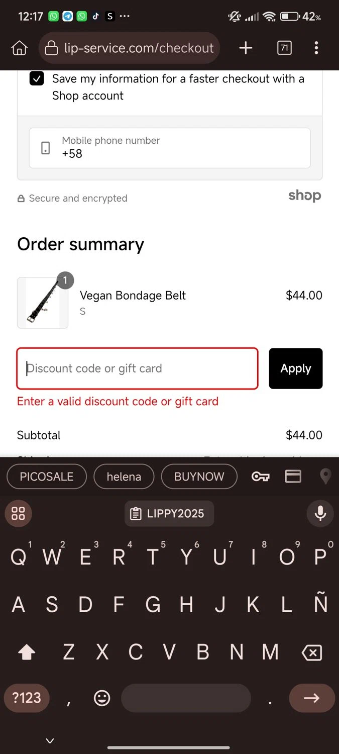Lip Service discount code screenshot showing code LIPPY2025 applied at Lip Service checkout page. Uploaded by SimplyCodes community member tonikros on Feb 14, 2025