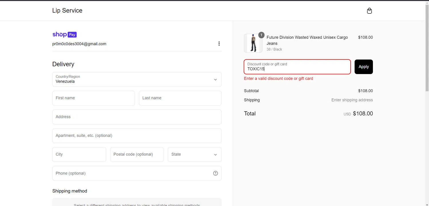 Lip Service discount code screenshot showing code TOXIC15 applied at Lip Service checkout page. Uploaded by SimplyCodes community member Scrooge on Mar 7, 2025