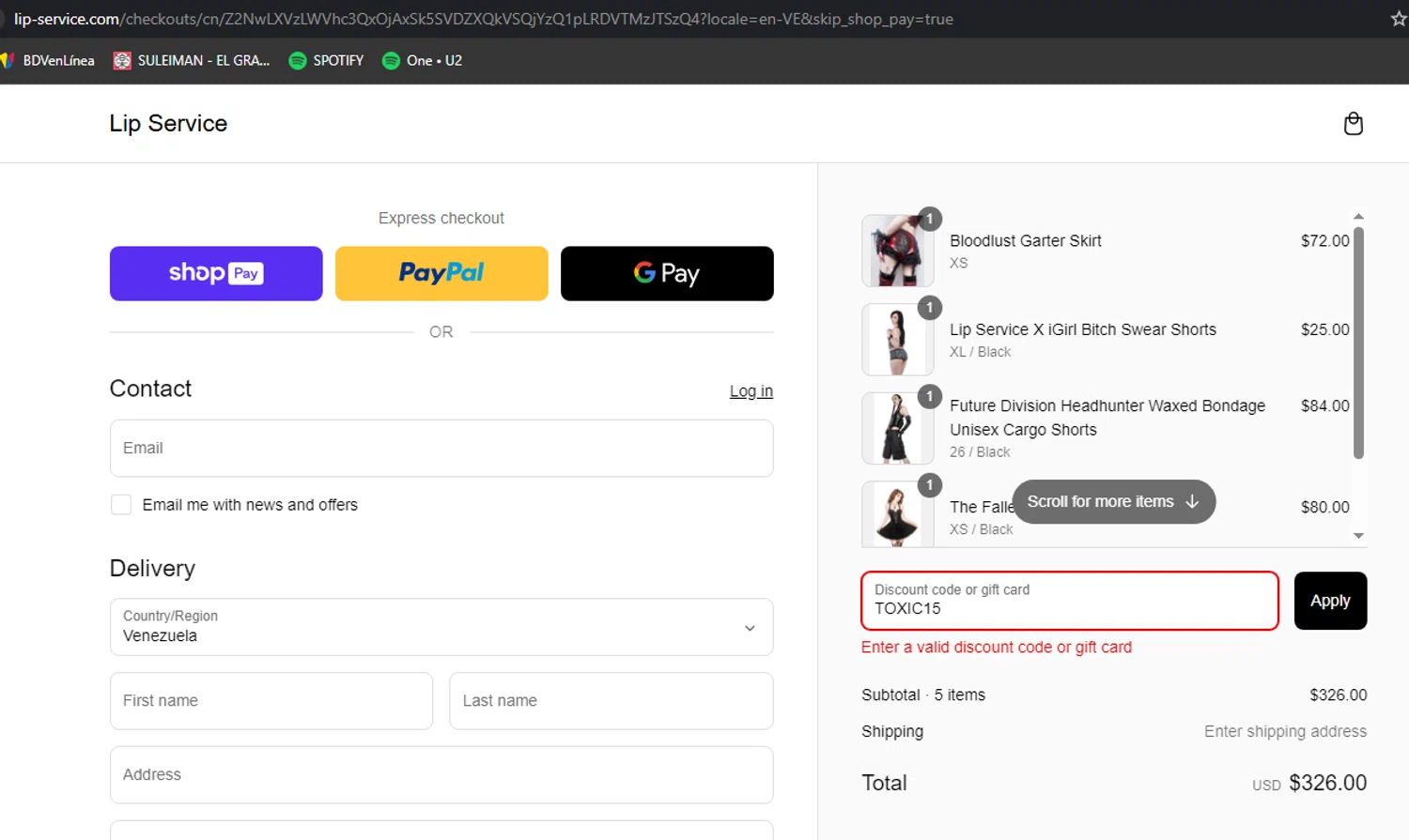 Lip Service discount code screenshot showing code TOXIC15 applied at Lip Service checkout page. Uploaded by SimplyCodes community member perrofimosis241 on Mar 7, 2025