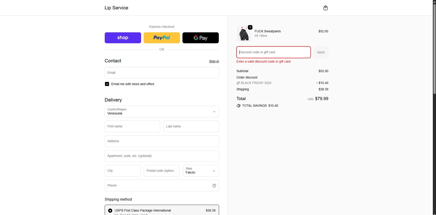 Lip Service discount code screenshot showing code BLK2025 applied at Lip Service checkout page. Uploaded by SimplyCodes community member TreasureChaser3010 on Nov 29, 2025
