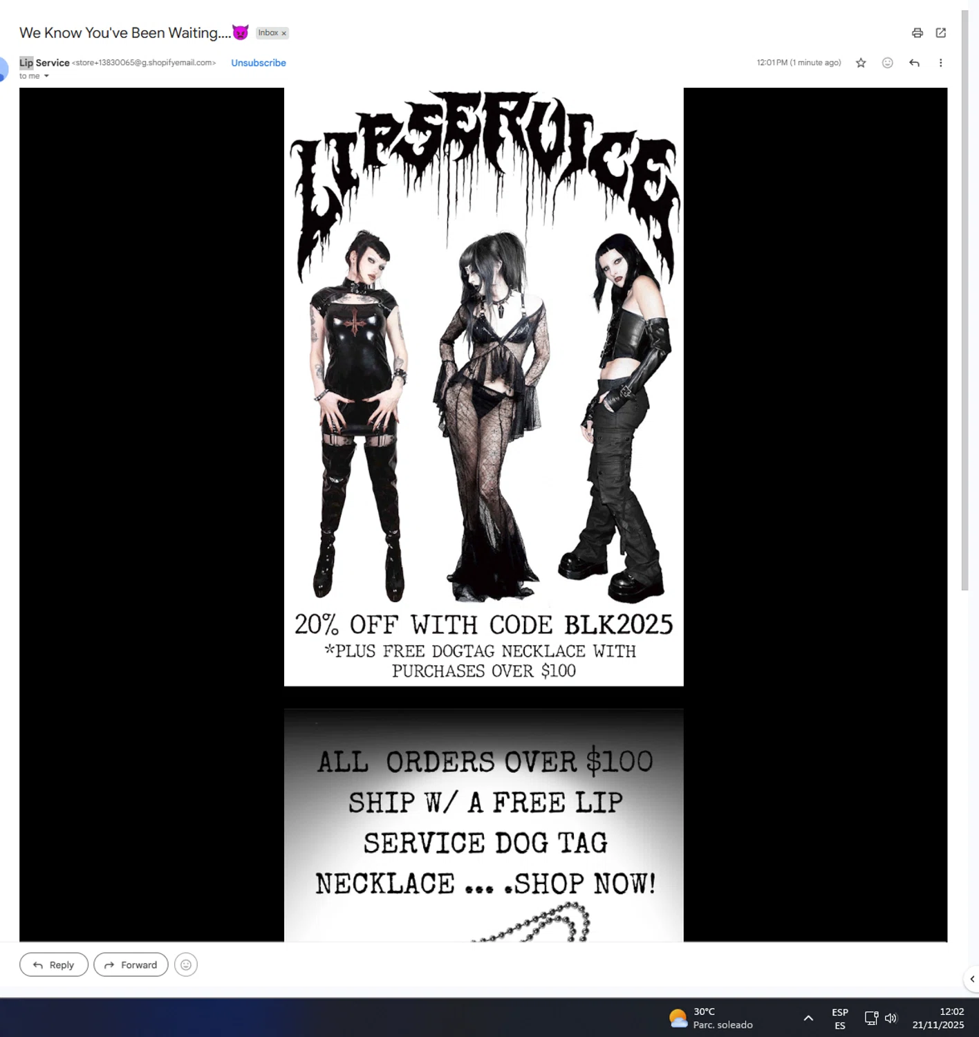 Lip Service discount code screenshot showing code BLK2025 applied at Lip Service checkout page. Uploaded by SimplyCodes community member UnkNownVnzla on Nov 21, 2025