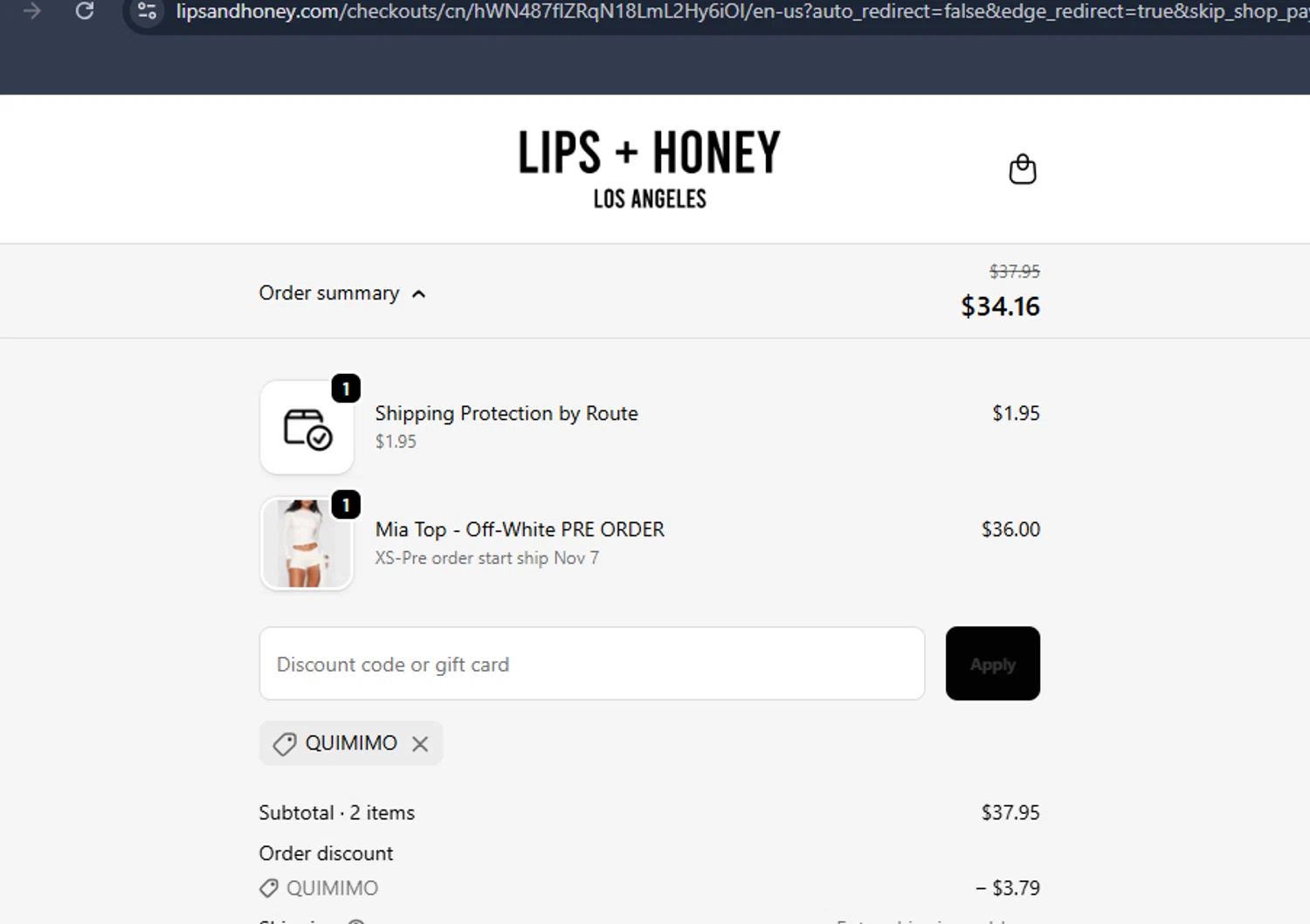 LIPS + HONEY promo code screenshot showing code QUIMIMO applied at LIPS + HONEY checkout page. Uploaded by SimplyCodes community member DiscountHero6788 on Oct 15, 2025