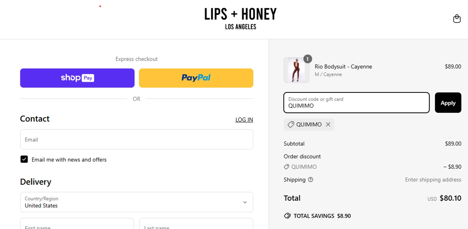 LIPS + HONEY promo code screenshot showing code QUIMIMO applied at LIPS + HONEY checkout page. Uploaded by SimplyCodes community member CleverPhoenix2364 on Apr 27, 2025
