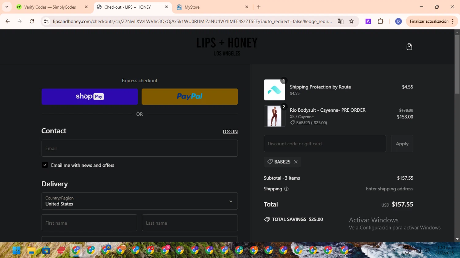 LIPS + HONEY promo code screenshot showing code Babe25 applied at LIPS + HONEY checkout page. Uploaded by SimplyCodes community member RewardOwl5959 on Feb 24, 2025