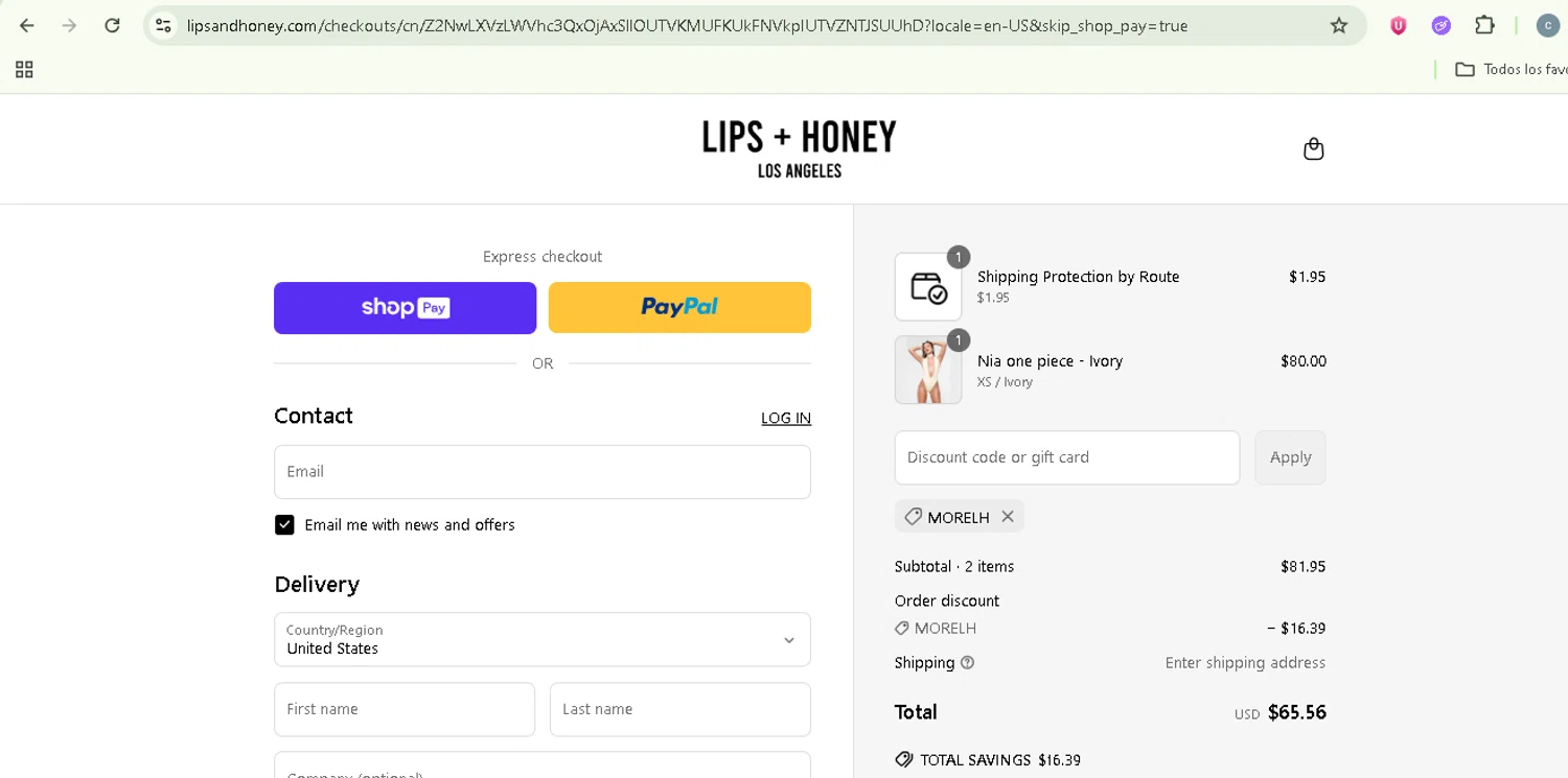 LIPS + HONEY promo code screenshot showing code Morelh applied at LIPS + HONEY checkout page. Uploaded by SimplyCodes community member NobleSentinel8535 on Jun 26, 2025
