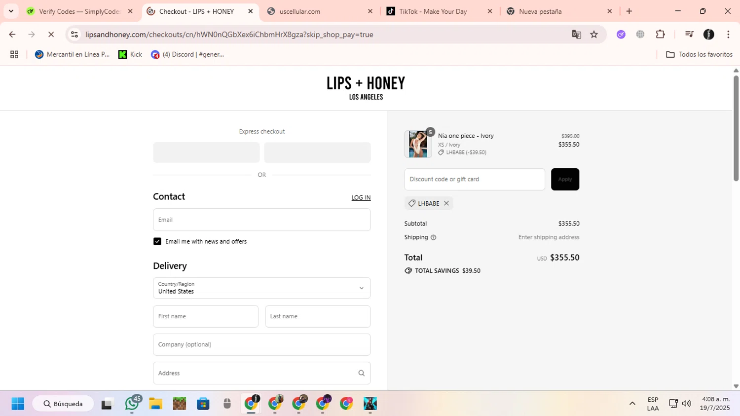 LIPS + HONEY promo code screenshot showing code Lhbabe applied at LIPS + HONEY checkout page. Uploaded by SimplyCodes community member ChinoYugiXD on Jul 19, 2025