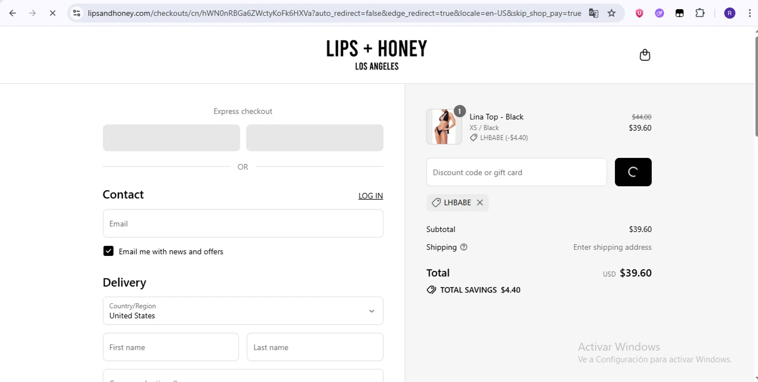 LIPS + HONEY promo code screenshot showing code Lhbabe applied at LIPS + HONEY checkout page. Uploaded by SimplyCodes community member zurdinha on Jul 19, 2025