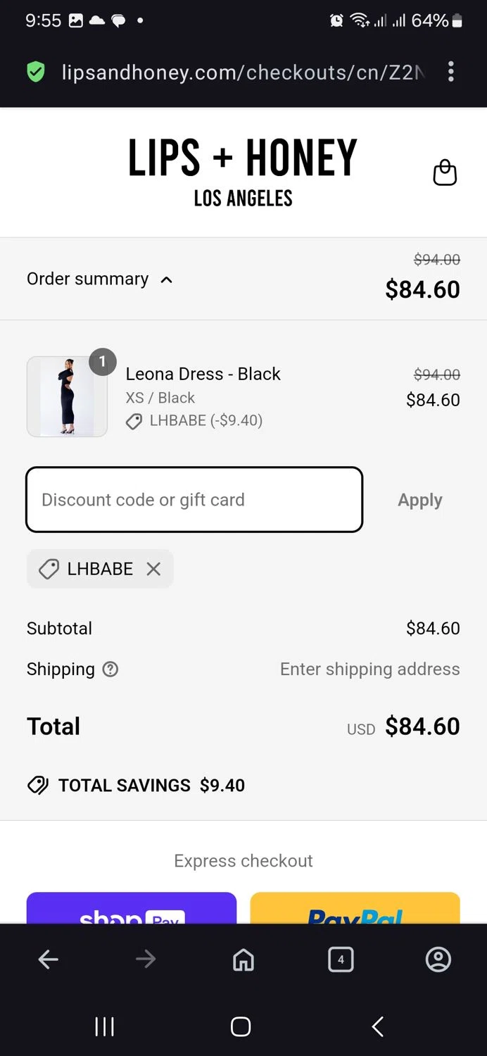LIPS + HONEY promo code screenshot showing code Lhbabe applied at LIPS + HONEY checkout page. Uploaded by SimplyCodes community member vida5254427716958 on Mar 24, 2025