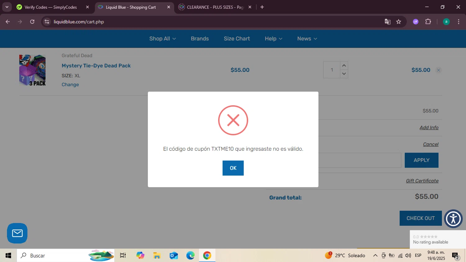 Liquid Blue Shop promo code screenshot showing code TXTME10 applied at Liquid Blue Shop checkout page. Uploaded by SimplyCodes community member Santiagotremont on Jun 19, 2025