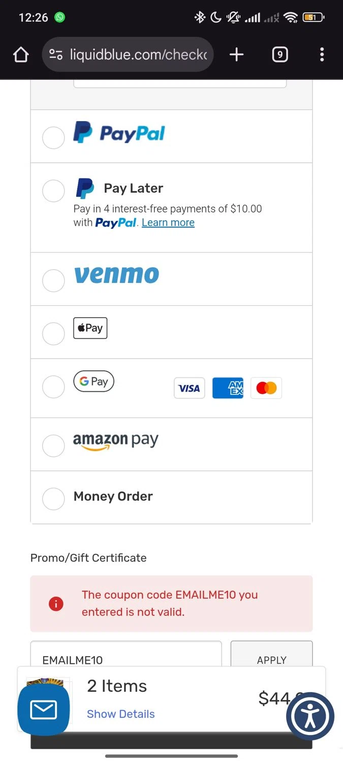 Liquid Blue Shop promo code screenshot showing code EMAILME10 applied at Liquid Blue Shop checkout page. Uploaded by SimplyCodes community member Manguito_Chambeador on Jun 21, 2025