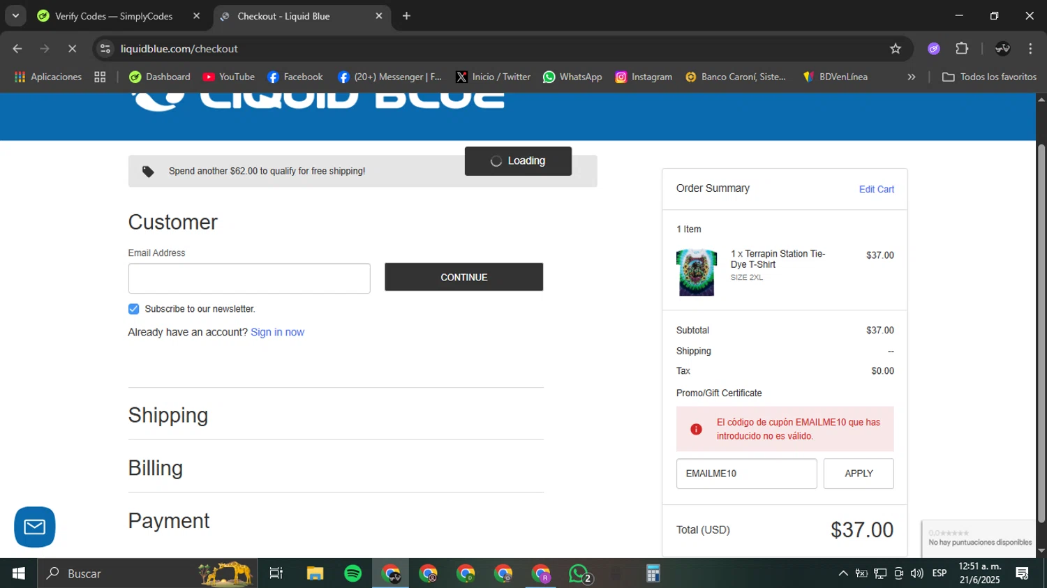 Liquid Blue Shop promo code screenshot showing code EMAILME10 applied at Liquid Blue Shop checkout page. Uploaded by SimplyCodes community member Ricardobr06 on Jun 21, 2025